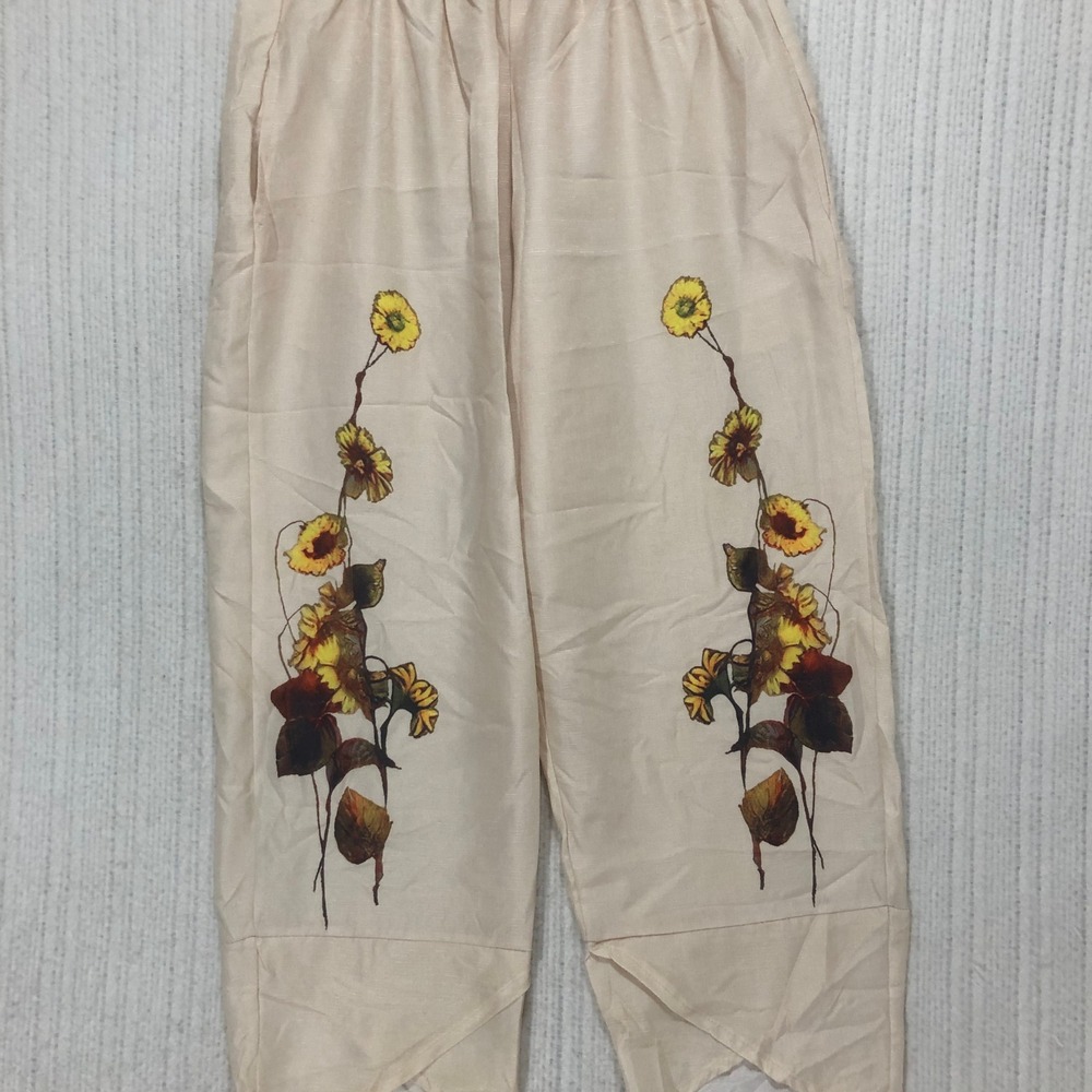 Misslook Cream Sunflower Print Cotton Linen Cropped‎ Pants Tulip Hem Medium